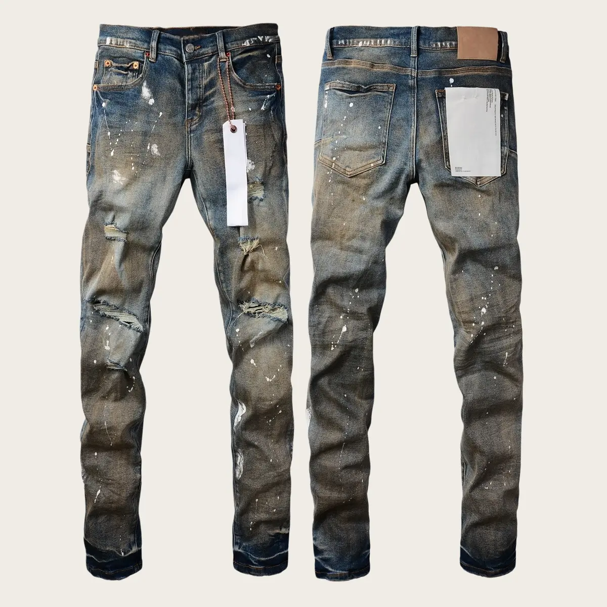 Mens Y2K Vintage Luxury Designer Stacked Jeans Trend Vintage Washed Knee Ripped Paint Splash Slim Tapered Cuff Stretch Denim New Tags US Sizes 28-40