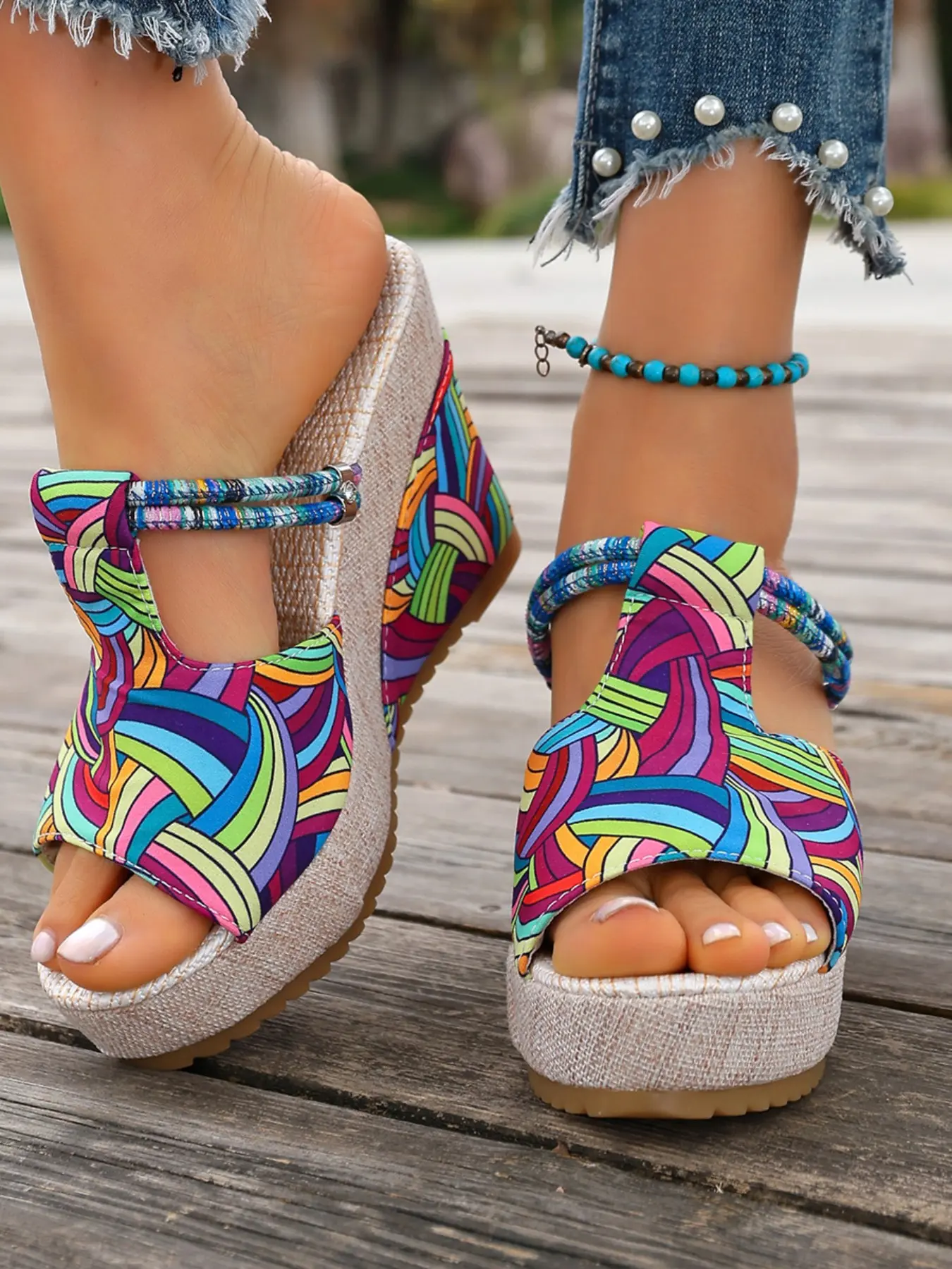 Boho Rainbow Spiral Heel Sandals, Colorful Rope T-Strap Textured Thick Sole Mules, Island Beach Vacation Casual Summer Footwear Outerwear Women's Shoes, Bohemian Sandals, Boho Style Sandals