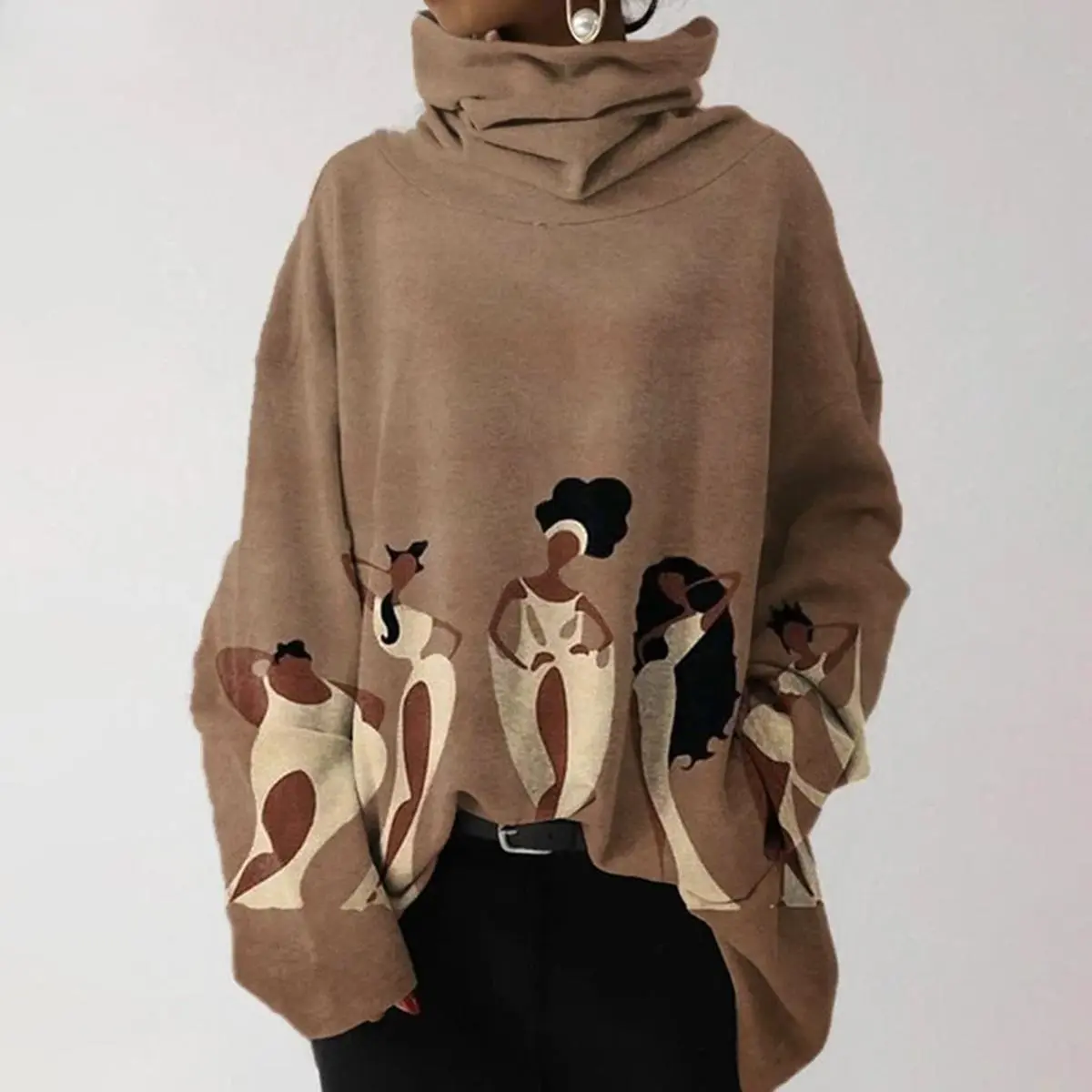 Women's Printed High Neck Polyester-Spandex Hoodie - Outdoor Longsleeves Comfortable Loose-Fit Casual Pullover, Autumn Winter Plus Size Foldable Tops for Outfits Inspo