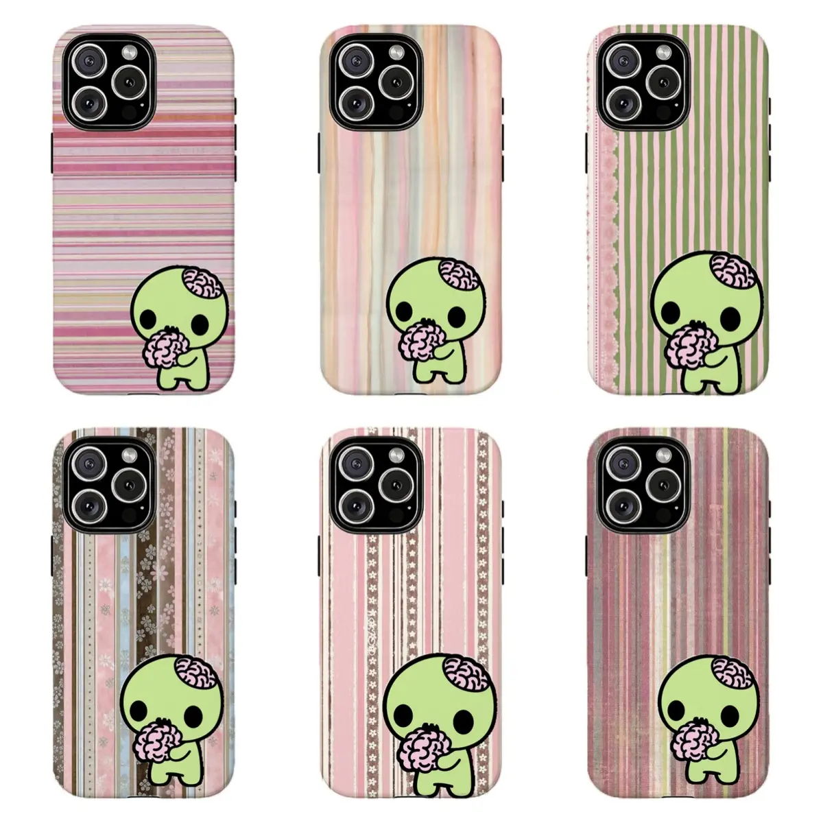 Cute Green Alien Brain Striped Background Long-Lasting Protective Phone Case, Soft Pastel Coquette Weirdcore Y2K Aesthetic , For iPhone 11 12 13 14 15 16 17 Pro Max For Samsung S26 S25 S24 S23 S22-Gift For Her/Him/Anime lovers