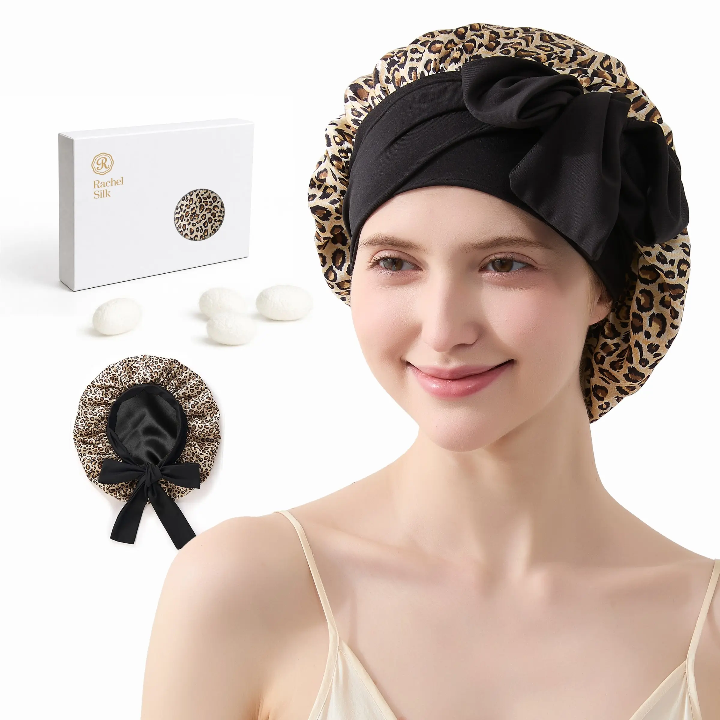 100% Mulberry Silk Sleep Bonnet, Double-Layer 6A Grade Silk, Classic Leopard/ Chic Floral Print, Breathable, Ultra Smooth & Soft, Great for Skin & Haircare, Adjustable Silk Hair Wrap Cap, Frizz & Tangling-Free Hair Turban for Women