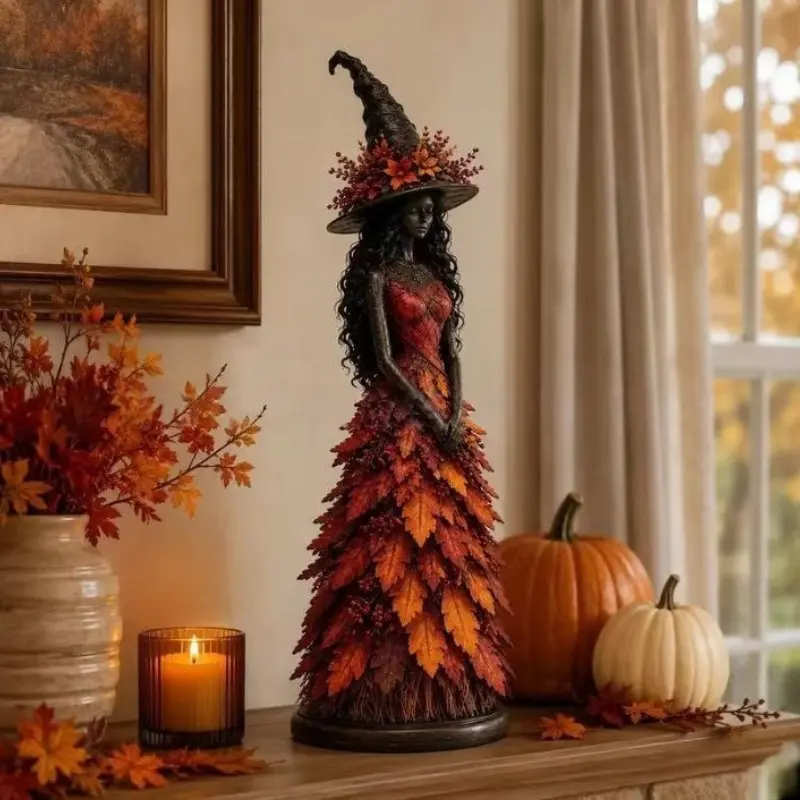 Forest Leaf Witch Resin Statue, Natural Witch Figurine with Pointed Hat, Rural Home Decor, Halloween Ornament, Fall Farmhouse Decoration, Spooky