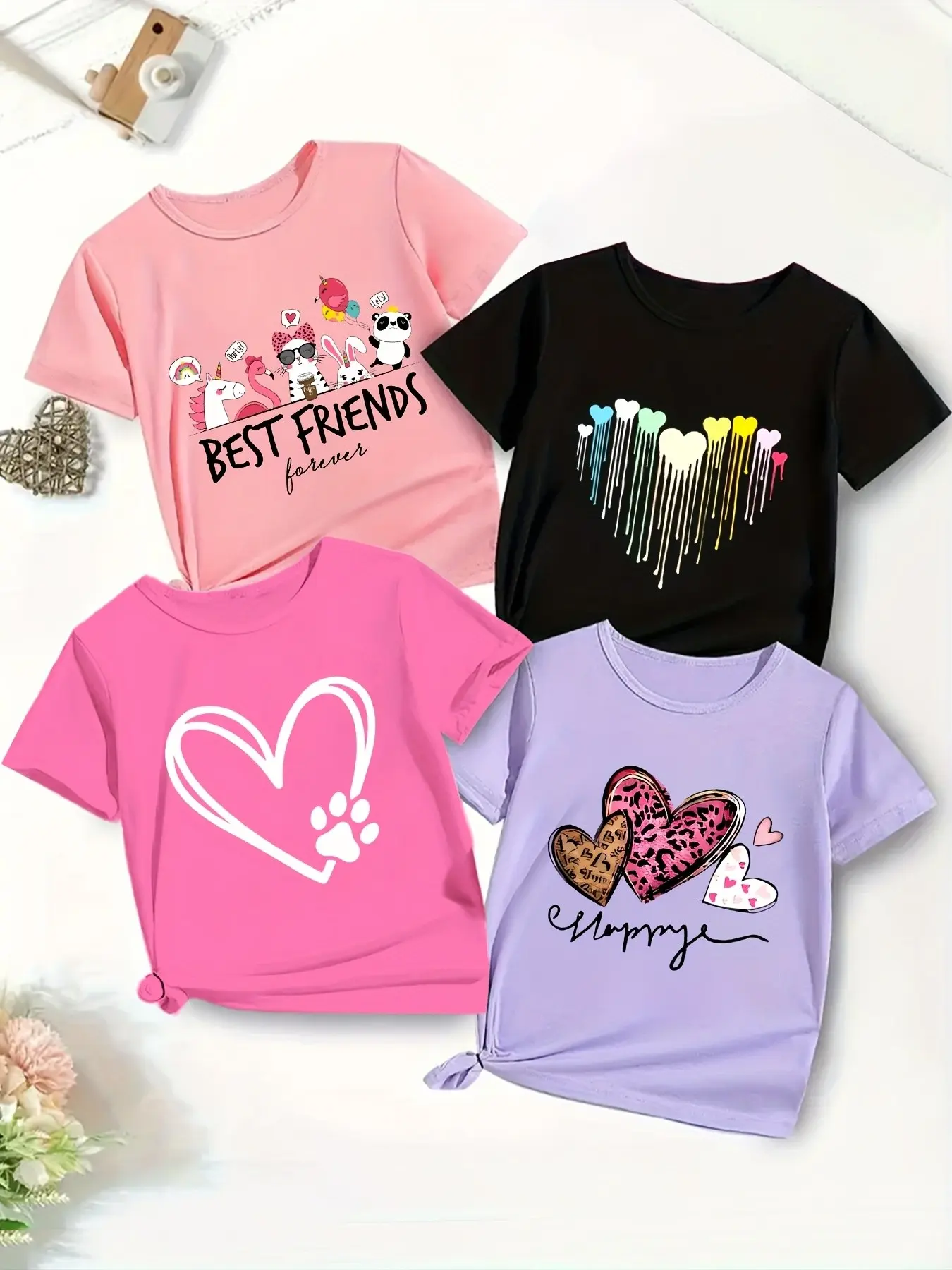 4-Pack Girls Heart Letter Cartoon Animal Print Round Neck Short Sleeve T-Shirts, Casual Slim-Fit Summer for Kids