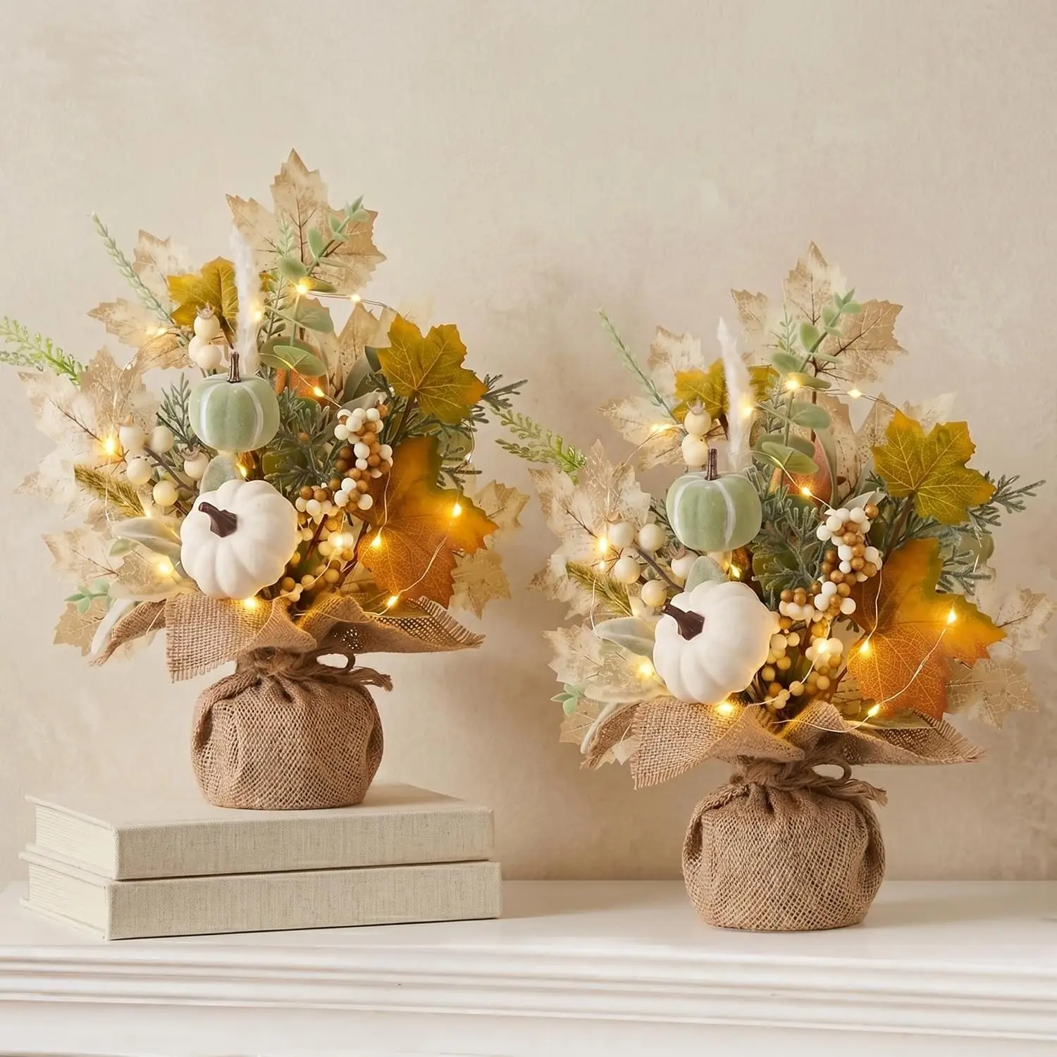 Fall Thanksgiving Table Decorations, 2 Pcs Burlap Bag Vase with Pumpkin Maple Berry Artificial Flowers, Table Centerpieces for Home Dining Table Holiday Party Decor