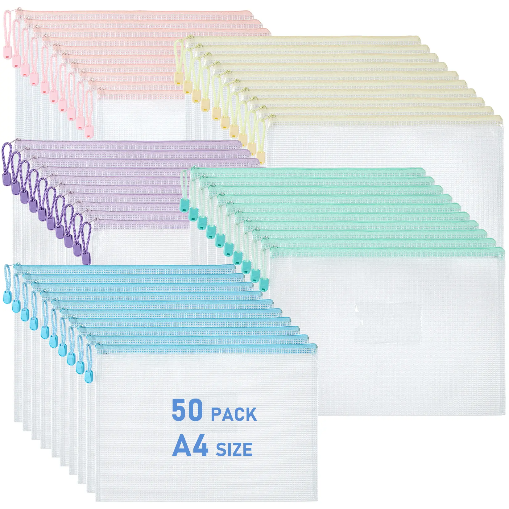 50 Pack Durable Waterproof Mesh Zipper File Bags -  A4 Letter Size Document Holders for Office, School, Filing & Organization