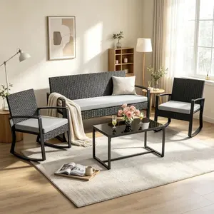 Bestselling Home Furniture Supplies  4-Piece Classic Outdoor Sofa Sets, Wicker Patio Bistro Sets with Glass Coffee Table, Rocking Wicker Seating for Backyard, Poolside