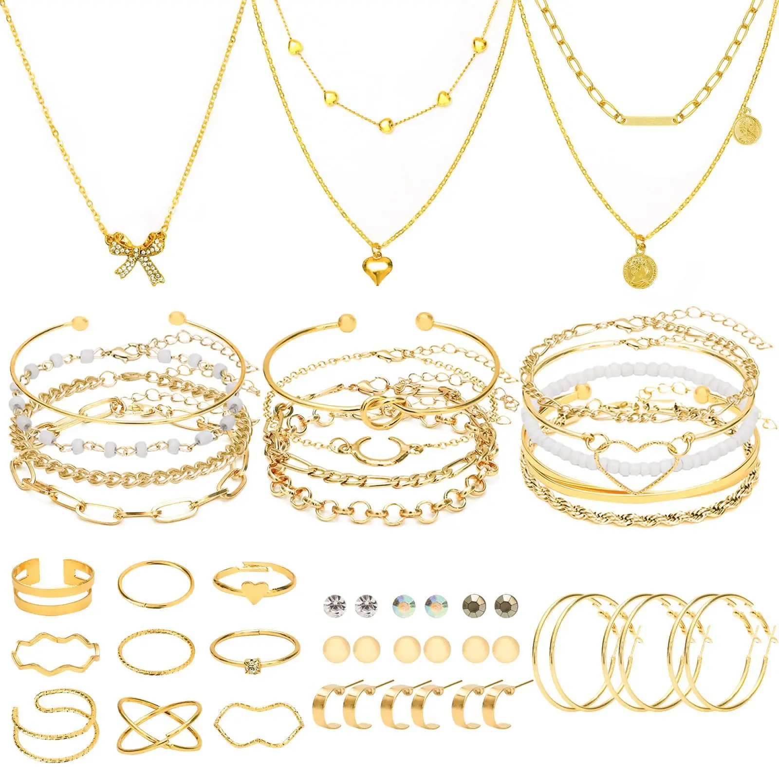 This 49-piece Gold Plated stackable jewelry set is perfect for girls—including a stylish and elegant butterfly necklace, heart bracelet, and earrings, suitable for everyday wear, parties, and as a holiday gift., Butterfly Necklaces, Gold Jewelry Sets, Cos