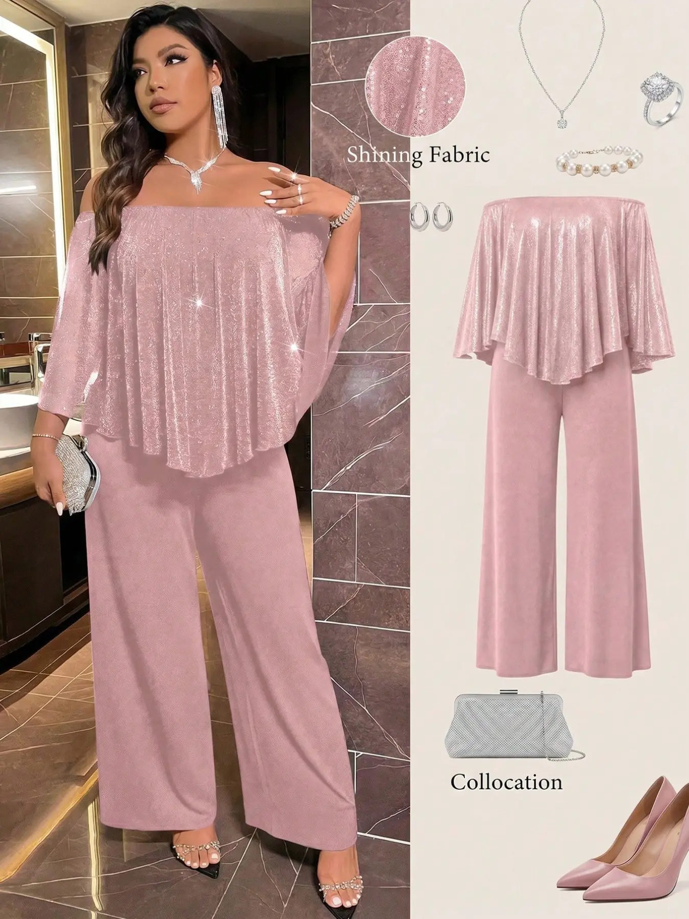 Plus Size One-Shoulder Sequin Ruffle Cape Sleeve Statement Romper, Shoulder Strap Elastic Waistband, High-Waisted Wide Leg Pants, Bodycon Style