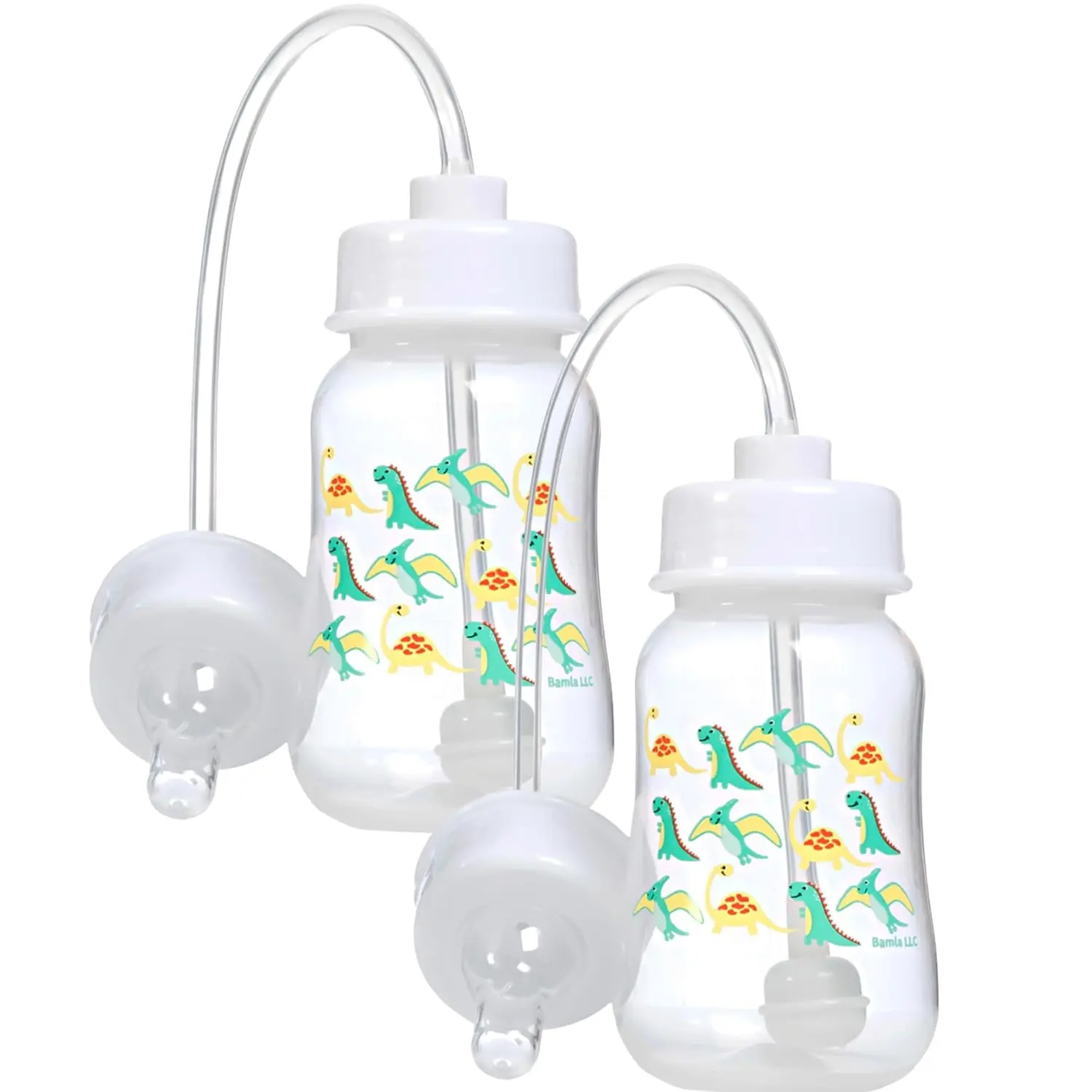 Hands-Free Anti-Colic Baby Bottle Pack, 4 oz Nursing System with 3m+ Fast Flow Nipple/Teat, Tube Straw Feeding System (2-Pack Dinosaur)