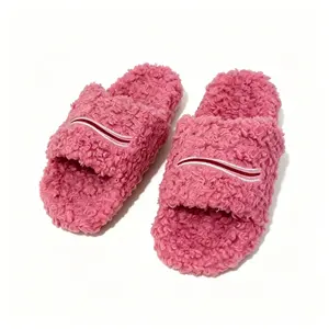 2026 Cozy Pink Fuzzy House Slides for Women with Red & White Striped Accent, Soft Plush Open-Toe Loungewear Slippers