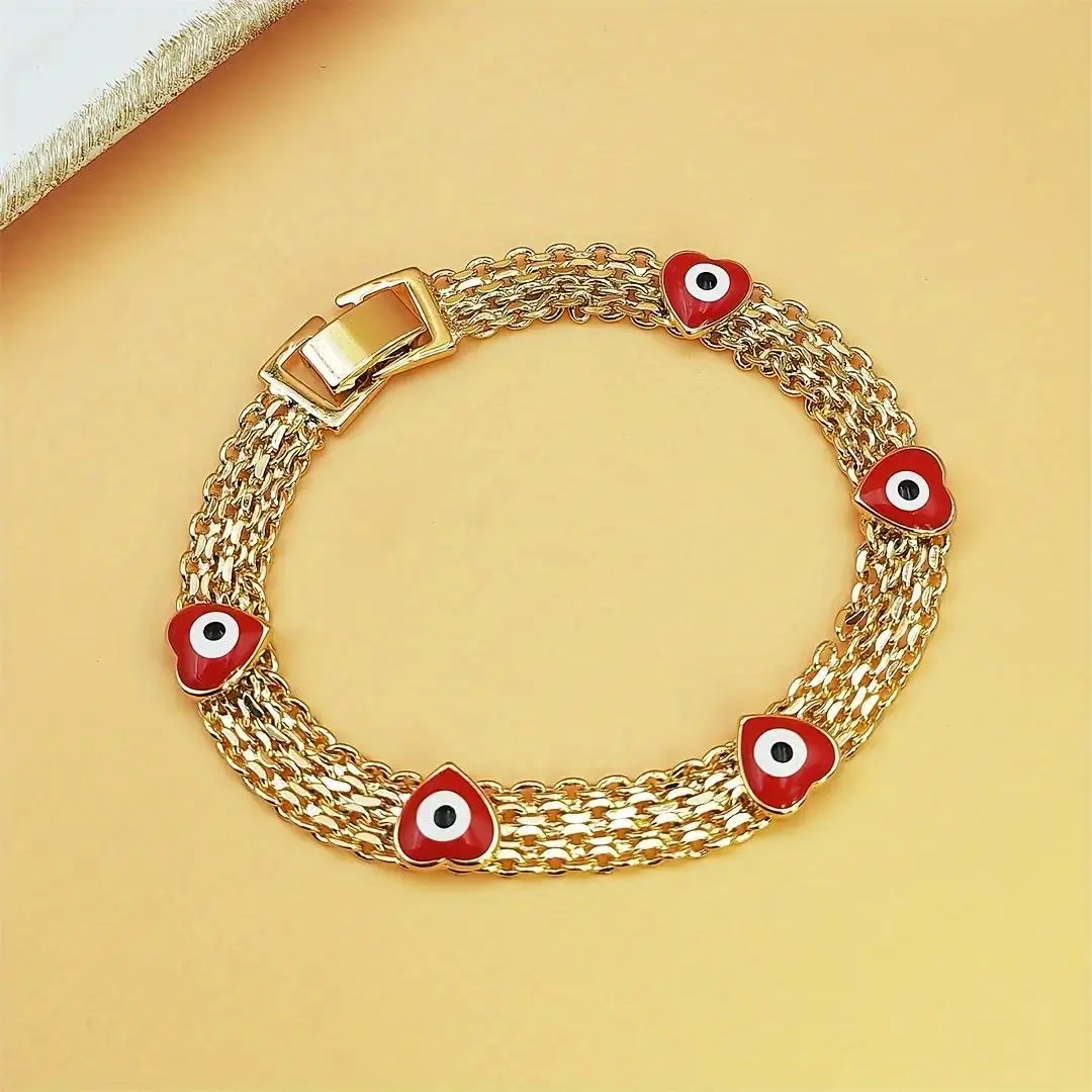 Women's Boho-Chic Evil Eye Beaded Bracelet - Luxe Wide Golden-Tone Copper Chain, Red Bead Charms, Adjustable Design, Stackable, Durable Protection Symbol, Sports Wristband Gift, Trendy Jewellery Accessory, Stackable Bracelets, Adjustable Beaded Design, Tr