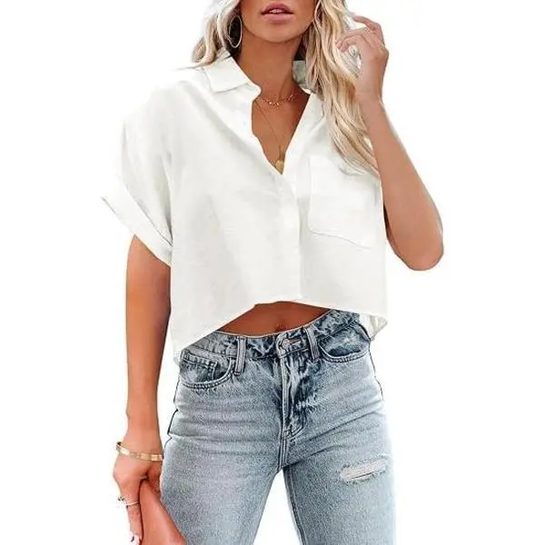 【NEW】Imily Bela Womens Casual Short Sleeve Button Down Cropped Shirts Collared Summer Crop Tops Solid Color Short Blouse Shirt