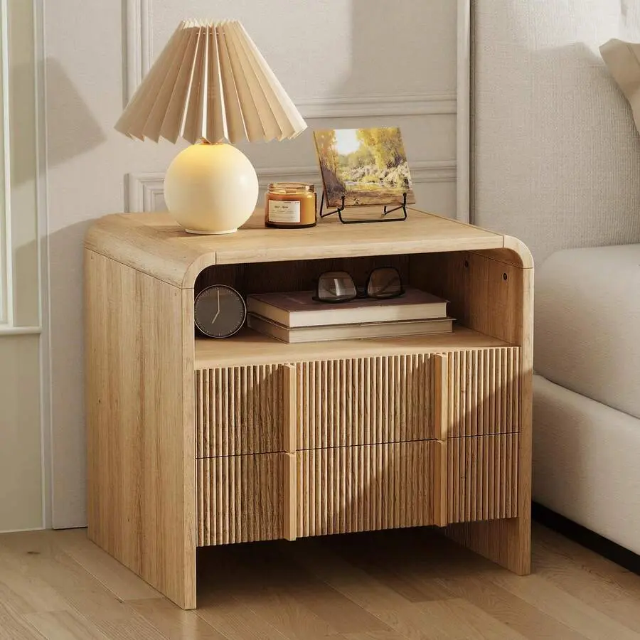 Modern Fluted Fronts Pine Wood Nightstand - Narrow Hidden Glide Storage Drawers, Open Shelf, Curved Edges Child-Size Bedside Desk, Minimalist Decluttering Aesthetic Mini Bedroom Furniture for Kids, Storage Organization Solution