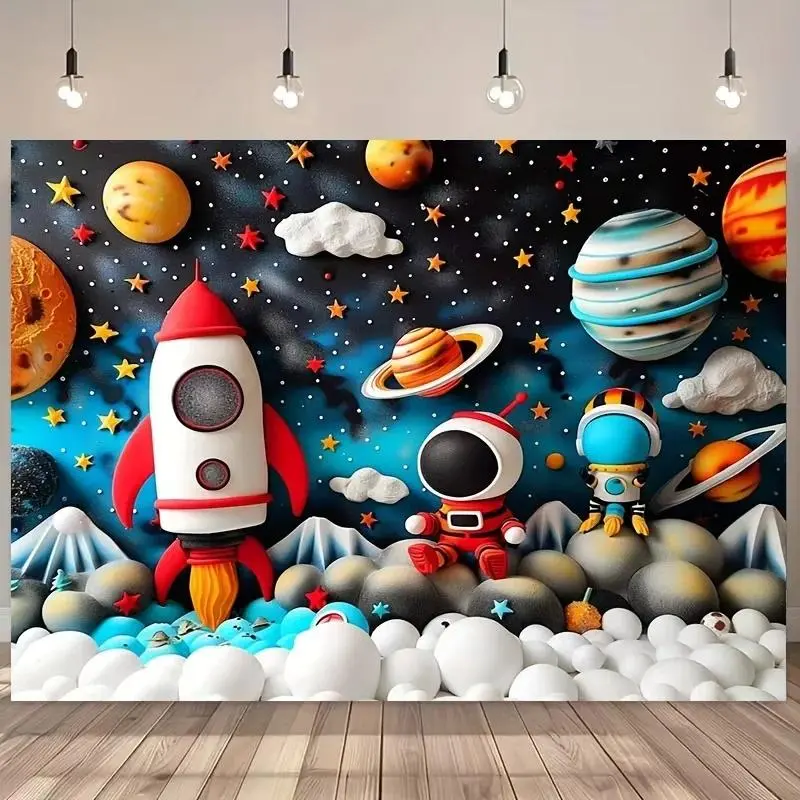 Outdoor Event Decor Cartoon Astronaut Outer Space Planet Backgrounds for Photographs Kids Birthday Party Decor Baby Shower Backdrop Photobooth Props