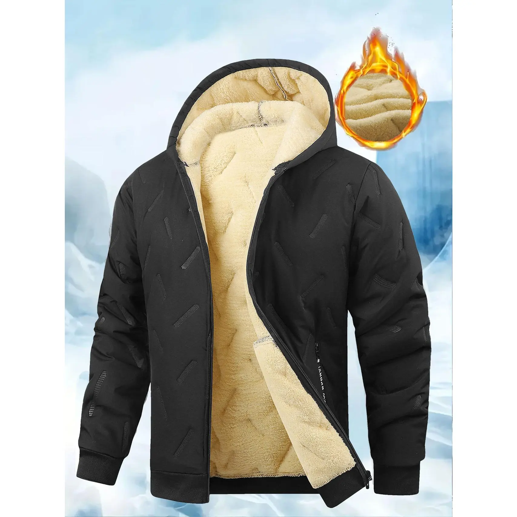 Thick warm hooded zip up jacket equipped with cozy fleece lining, durable quilted outer material, ribbed hem and cuffs, functional pocket layout, reliable cold season staple for everyday mensfashion outfits.
