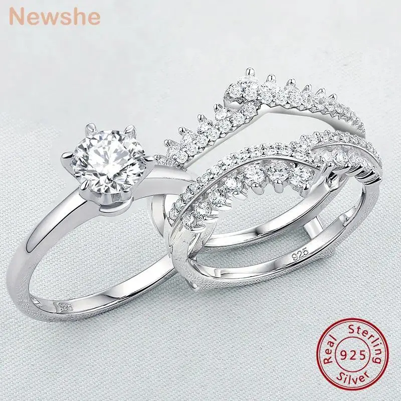 Newshe 925 Silver Bridal Set Original Wedding Rings for Women 1.8Ct Round Cut Zircon Moissanite Engagement Ring Enhancer Band