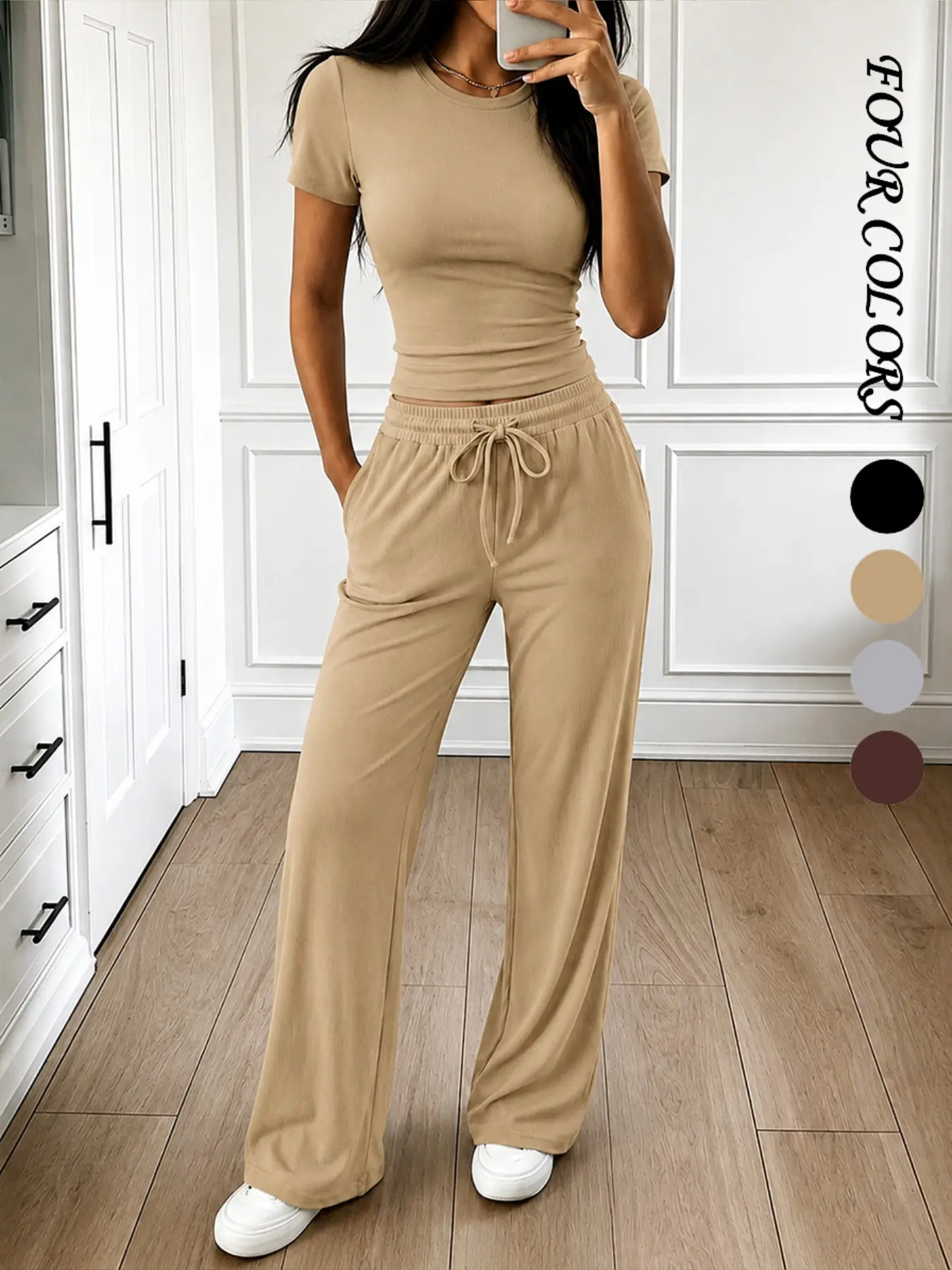 Women's Two-Piece Slim Fit Pajama Set Loungewear, Short Sleeve Top with Loose Pants and Pockets, Comfortable and Fashionable, Ideal for Sports and Daily Wear