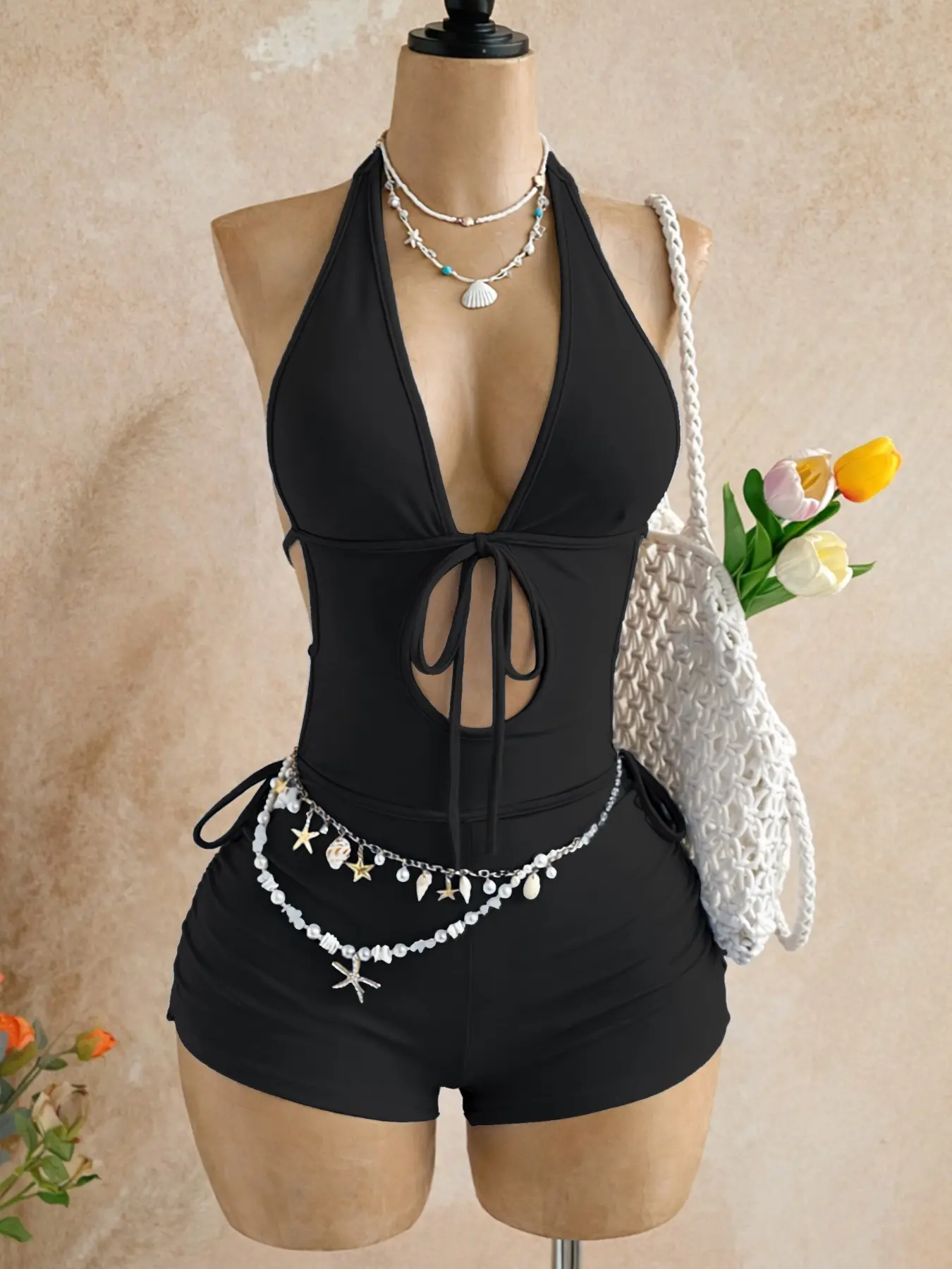 One-Piece Summer Beach Vacation Style Halter Backless Jumpsuit, Tie-Band Hollow Out Waist Slimming Short Pants, Chic Sexy Solid Color, All Seasons