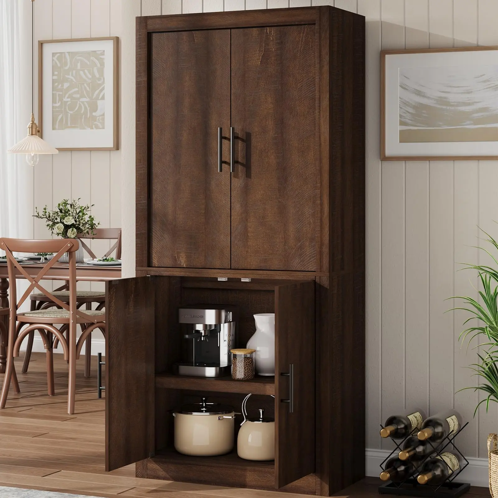 70.5 Inches Tall Farmhouse Wood Kitchen Pantry Cabinet, Freestanding Rustic MDF Wood Storage Cupboard with 4 Doors, Adjustable Shelves, Anti-Slip Pads for Kitchen, Dining Room (Assembly Required), Rectangular