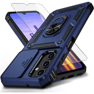 Vinve for Samsung Galaxy A15 5G Case with Slide Lens Cover, HD Screen Protector, Military Grade Drop Protection, 360 Spin Ring Holder Kickstand Phone Case, Navy Blue