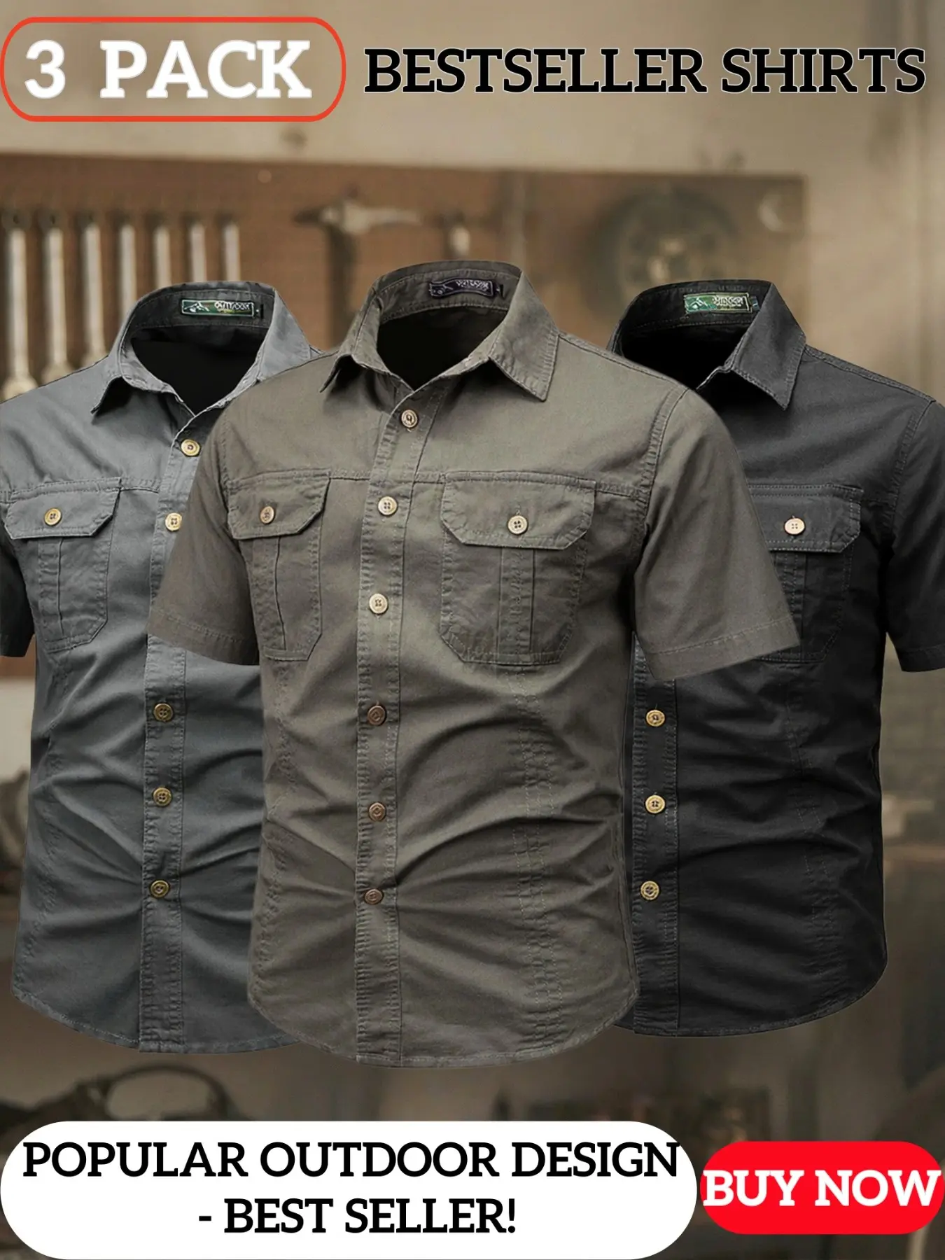 Men's Durable Short Sleeve Work Shirt, Bestselling 3-Pack Multi-Pocket Functional Shirt, Ideal for Outdoor and Auto Repair Jobs