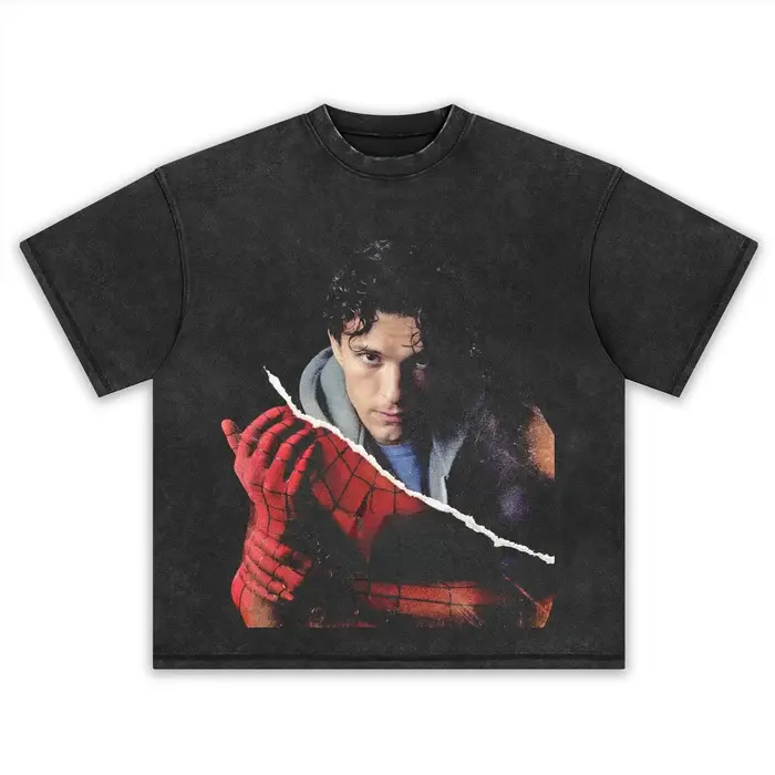 Vintage Acid Washed Black Oversized Short Sleeve Tee Torn Paper Split Portrait Hero Actor Face Combined With Red Web Gloves Graphic Unisex Men Women Retro MCU Superhero Casual Street Top For Fan Daily Outfit