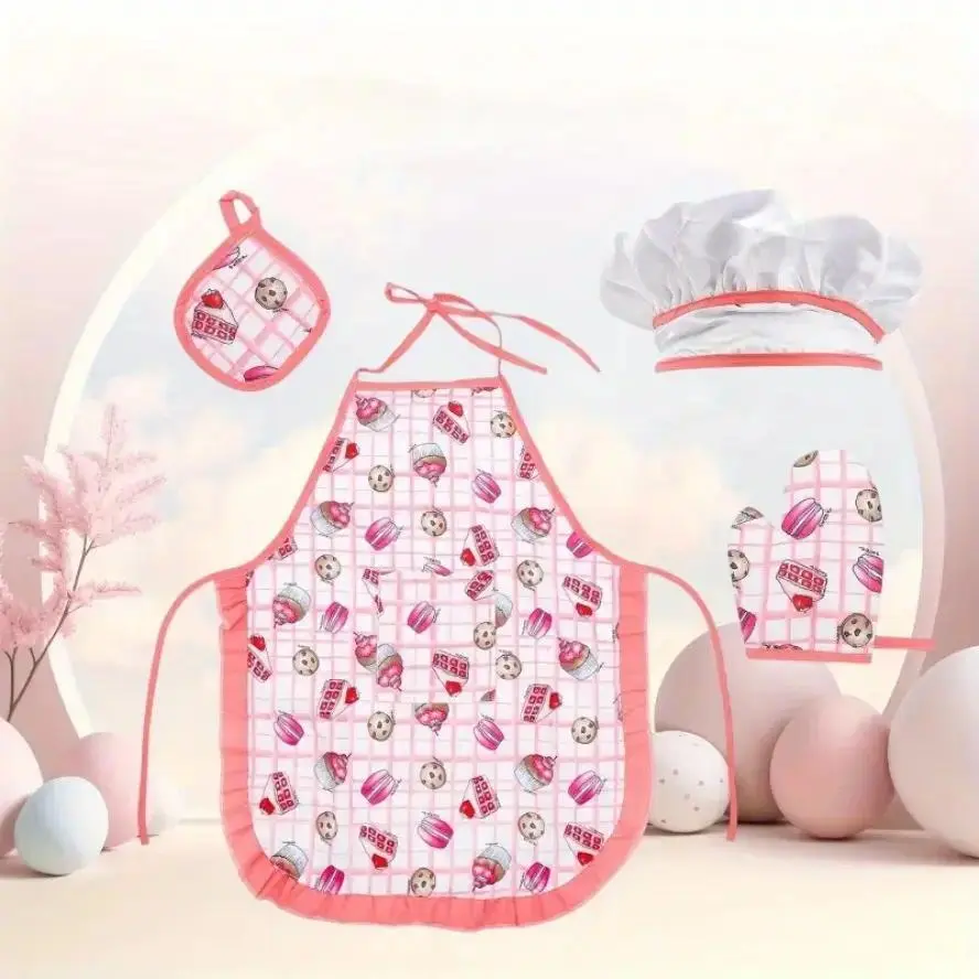 Kids' 4-Piece Chef Apron & Matching Hat Set - Dress Up Costume, Party Costume, Pretend Play Accessories, Comfortable Design, Cute Chef Style, Lightweight, Ideal Baking Gift for Pretend Kitchen Enthusiasts, Costume Outfit