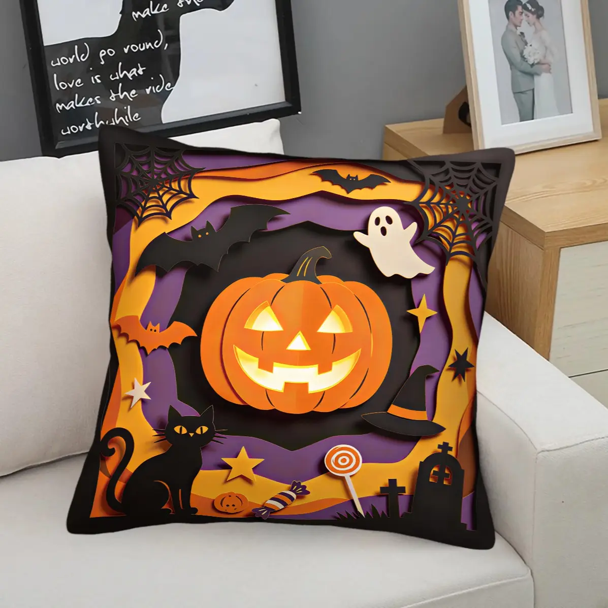 45x45cm 1Pc Halloween Throw Pillow, Pumpkin Ghost Cat Print, Soft Home Cushion (With Insert)