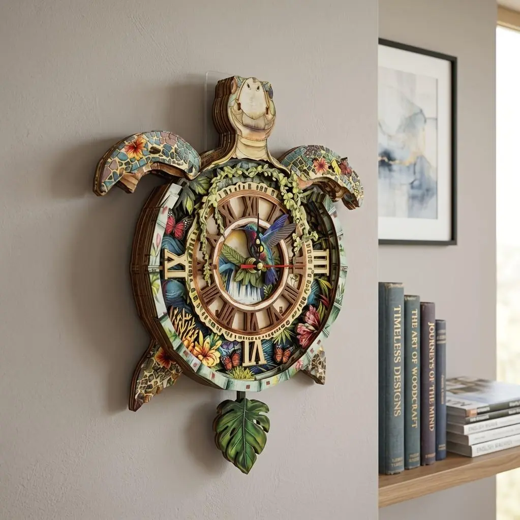 Wooden 3D Puzzle Sea Turtle Clock Kit with Pendulum - Wall Mount Decorative Clock for Adults, Christmas Gift Home Supplies