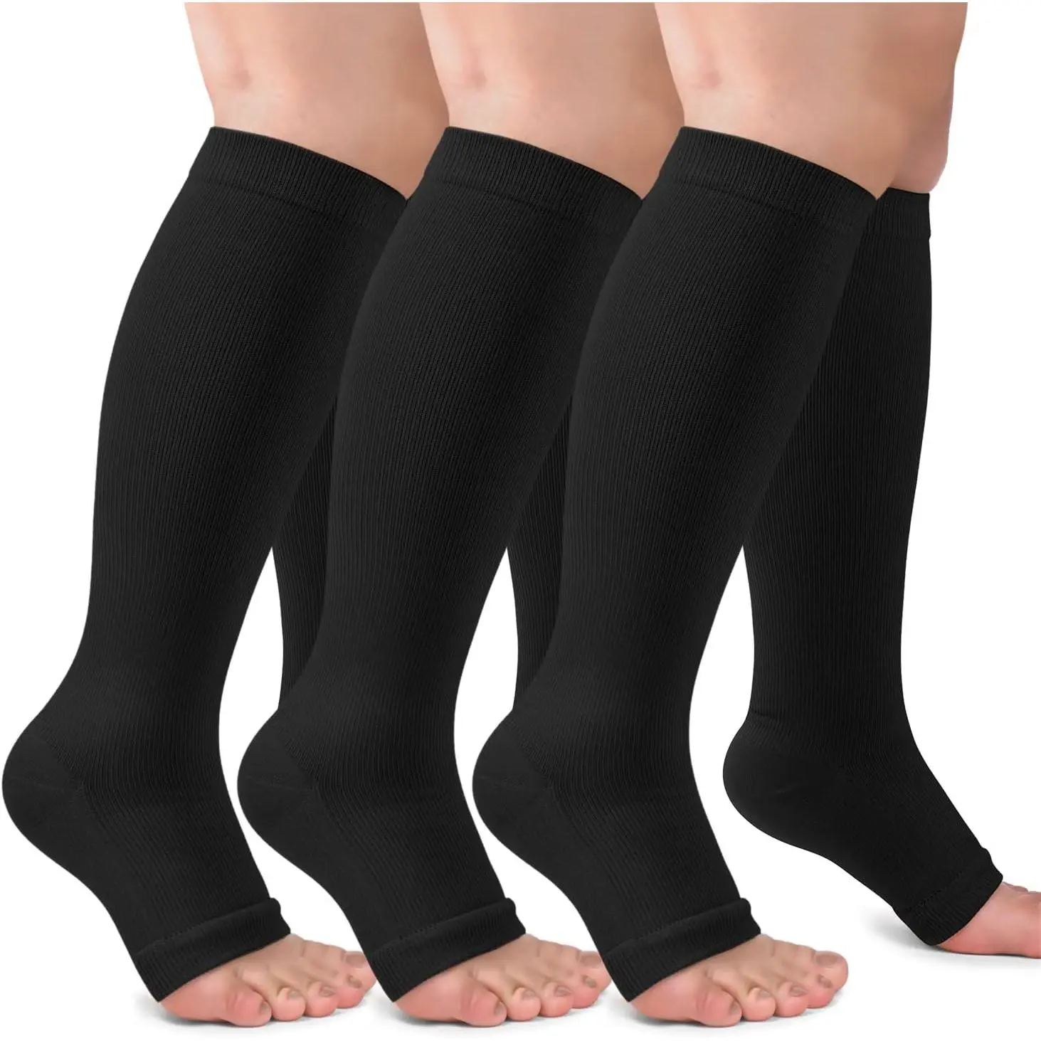 Unisex 3-Pack Copper Compression Socks, 20-30mmHg Open-Toe Knee-High Stockings for Circulation Support