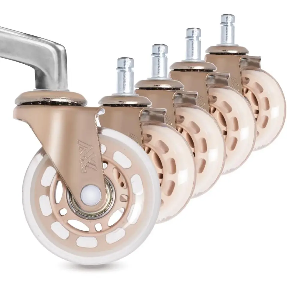 AXL 2.5 in Office Chair Caster Wheels, Metallic Rose Gold, 7/16" x 7/8" (11x22mm) Standard Stem, Safe Floors, Polyurethane (PU), Not for IKEA Chairs, Set of 5