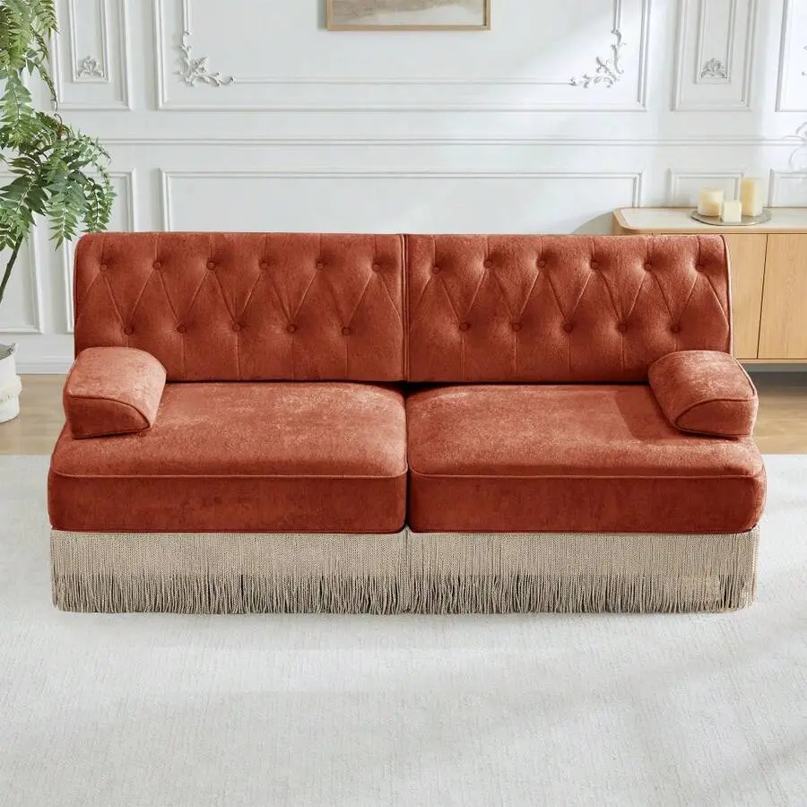 Beige Velvet Fabric Chesterfield Sectional Sofa - Button Tufted Retro Luxury Sofa Sectional Couch with Floor-Grazing Tassel Skirt, Easy to Assemble, Free Combination for Living Rooms, Bedrooms