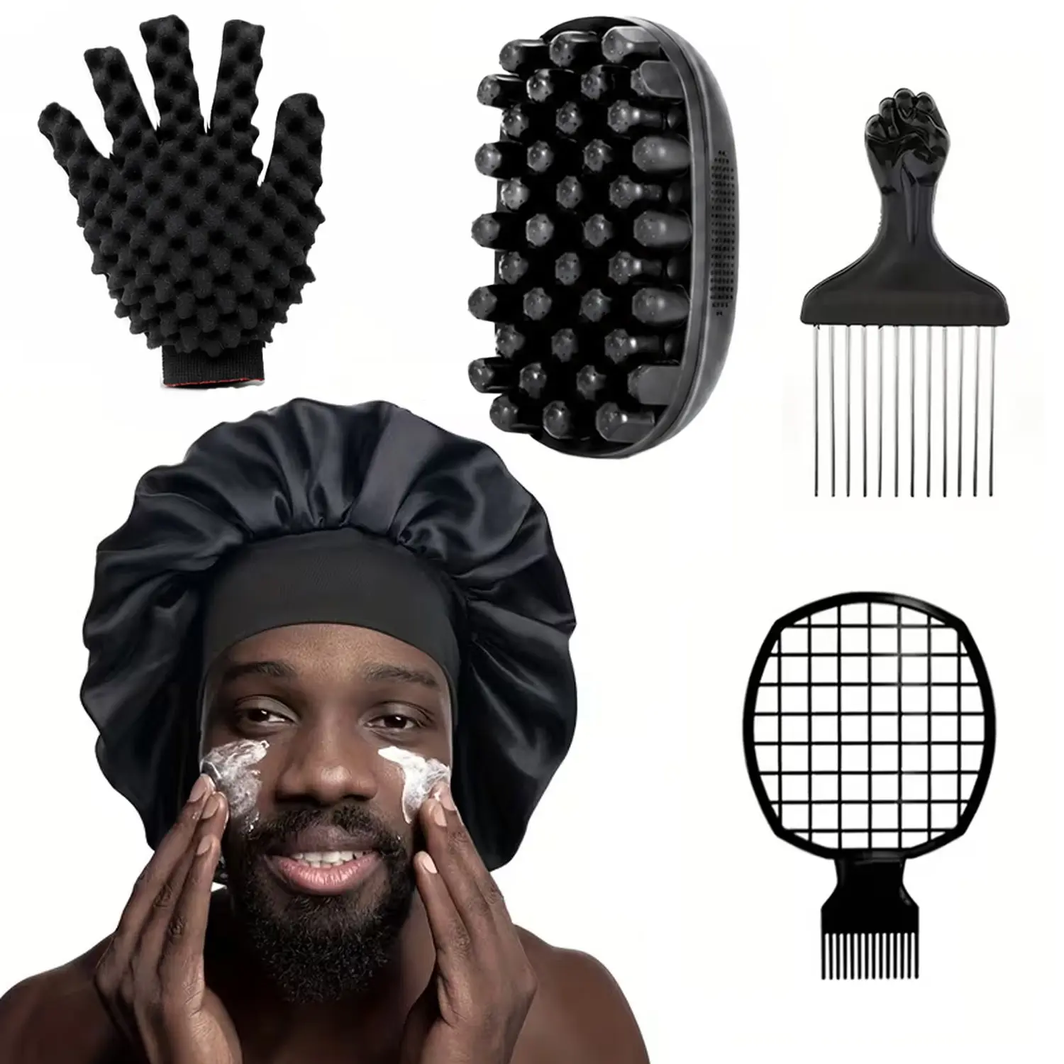 5PCS Satin Bonnet Freeform Twist Hair Styling Set Heatless Styling Tool Hair Tools for Natural Hair, Sleep Cap with Twist Sponge Glove, Curl Sponge, Steel Pick Comb & Twist Racket Comb for Dreadlocks, Locs, Coils, Afro Curls