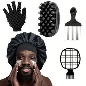 5PCS Satin Bonnet Freeform Twist Hair Styling Set Heatless Styling Tool for Natural Hair, Sleep Cap with Twist Sponge Glove, Curl Sponge, Steel Pick Comb & Twist Racket Comb for Dreadlocks, Locs, Coils, Afro Curls