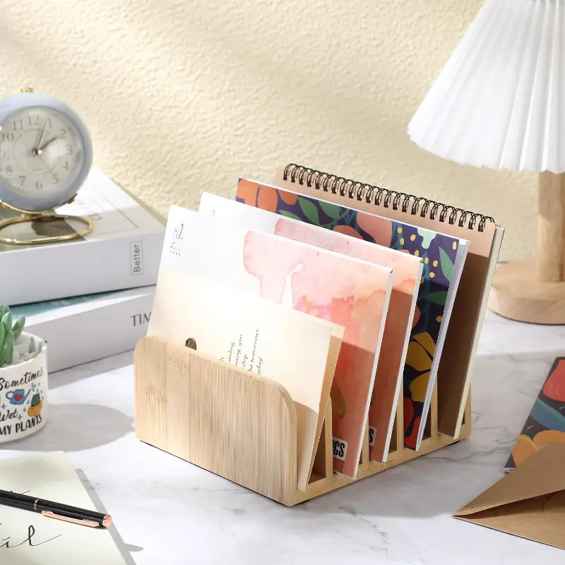 Bamboo Desk Mail Organizer with 5 Compartments - Anti-Slip Mat, Letter & Envelope Sorter for Home Office and School Desktop Document Organization