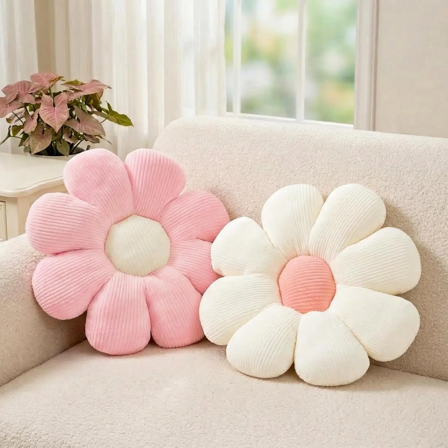 2 Pcs Daisy Shaped Flower Throw Pillows Set, 15.35 Inch Pink White Cute Decorative Pillows for Preppy Room Dorm Bedroom Bed Sofa Classroom Aesthetic Decor for Girls Teens WomenGift