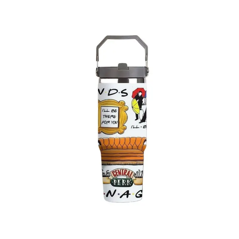 1pc Friends Central Perk 40oz Tumbler With Handle Lid Straw, Classic Sitcom Character Iconic Quotes & Scenes Collage Insulated Stainless Steel Travel Cup, Leakproof Coffee Mug Gift For TV Series Fans Car Office Daily Use