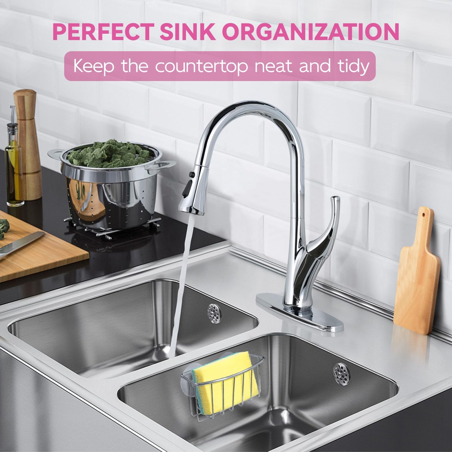 Sponge Holder for Kitchen Sink  with 2 Suction Cups, Efficient Sponge  for Kitchen Storage, Rustproof, Highly Adhesive