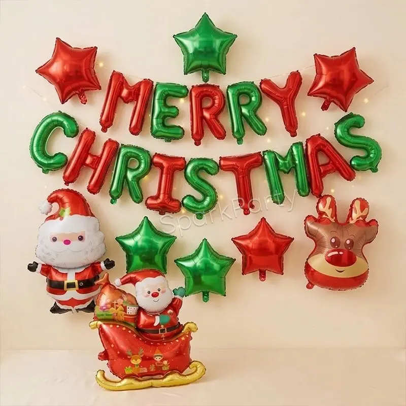 23pcs Christmas Party Balloon Set, 16-Inch Santa Rudolph Reindeer Sleigh Star Balloons, Holiday Festive Winter Decorations