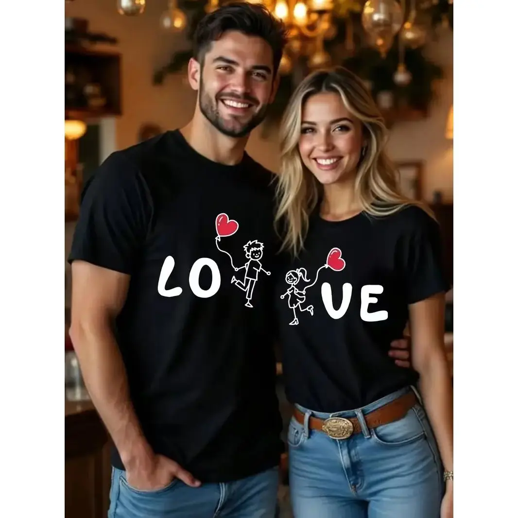 Women's Casual Short-Sleeve Graphic T-Shirt, Vintage Love-Themed Cartoon Character Design, Everyday Wear for Couples on Valentine's Day (Sports & Outdoor Sports Top)