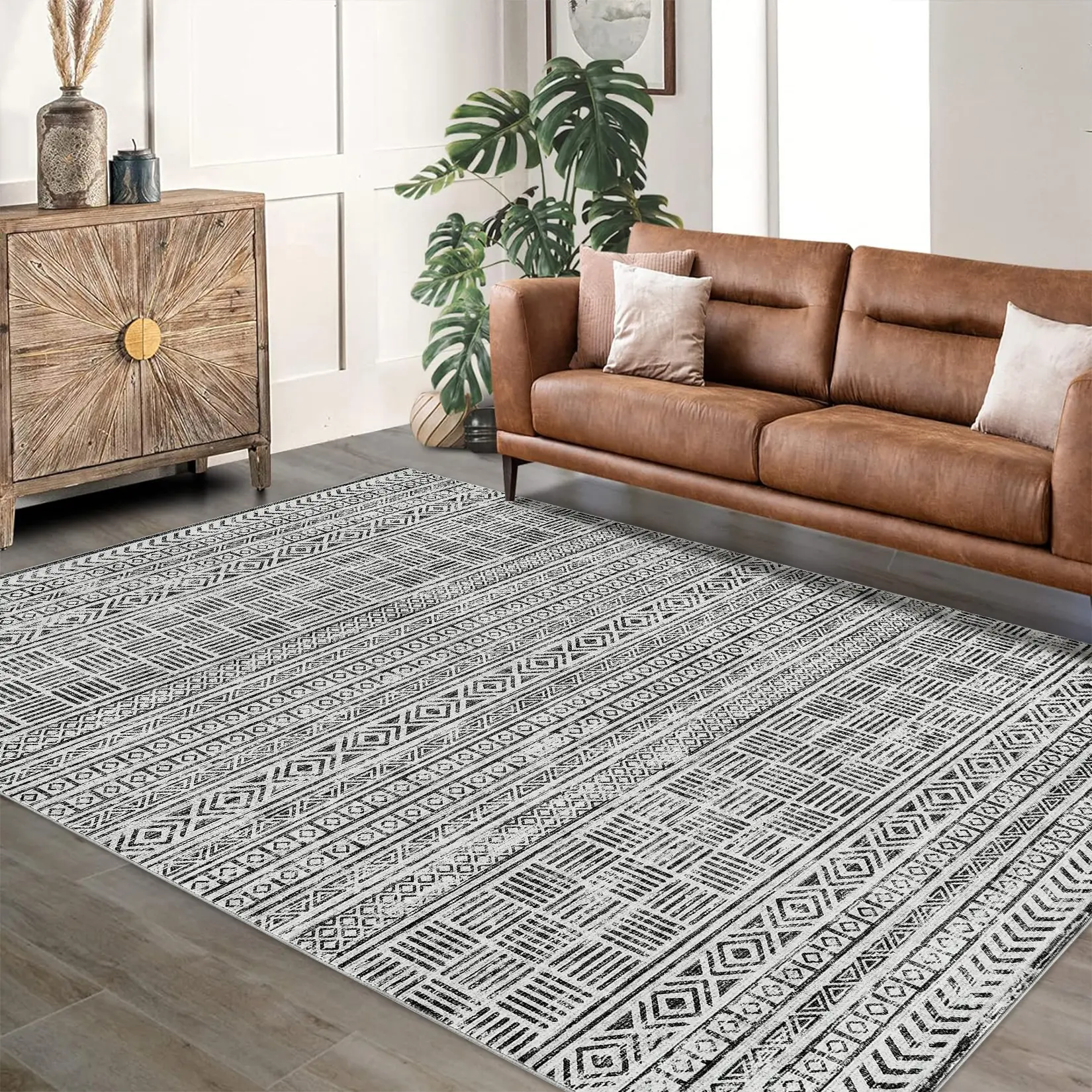 Soft Fabric Boho Area Rug - Machine Washable, Low-Pile, Non-Slip, Mark-Resistant Tribal Motifs Carpet - Living Room Decor, Indoor Use, Modern Grey USA Specification