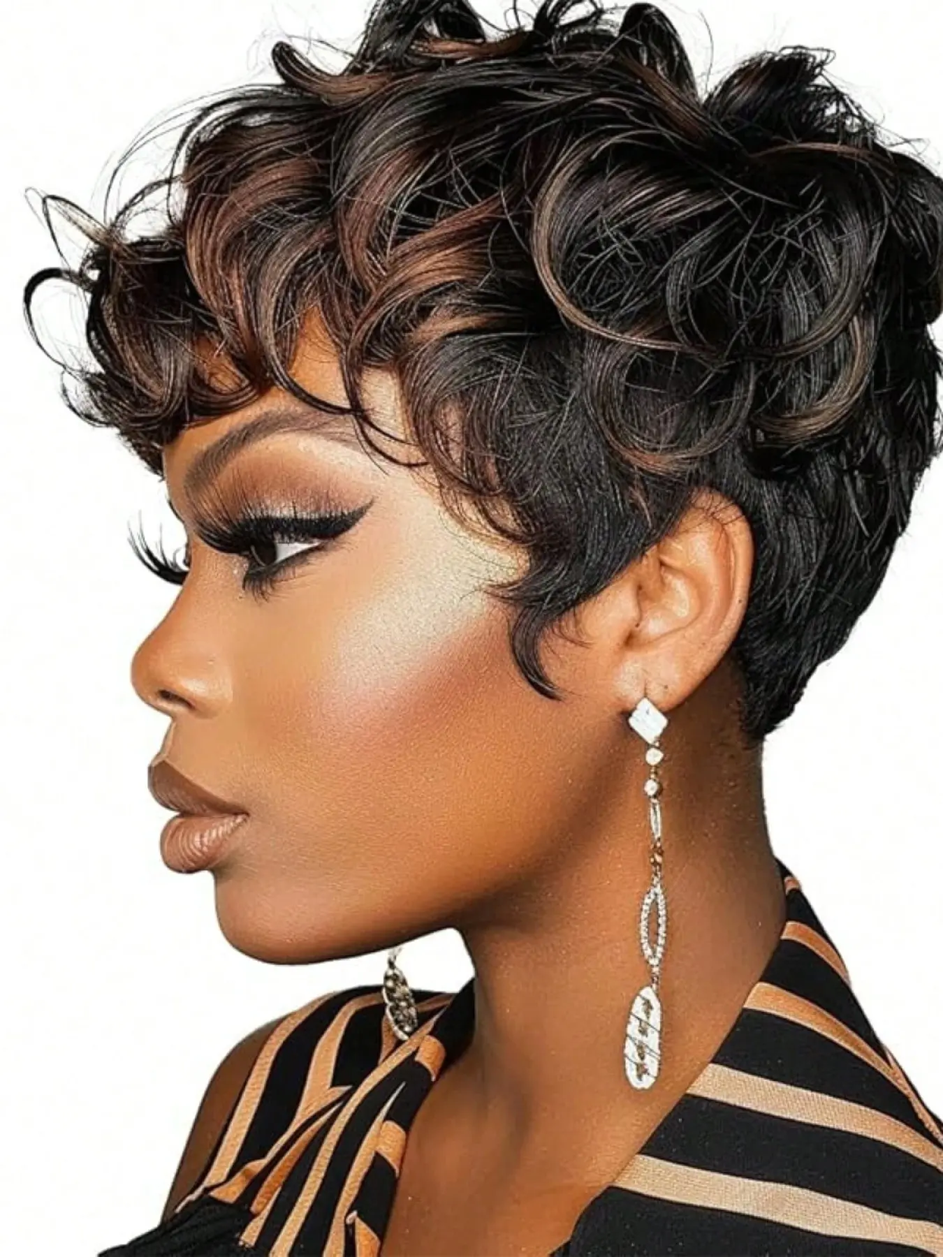 Short Pixie Wigs Short Brown Black Curly Pixie Wigs Synthetic Hair Wigs  Natural Wavy Brown Black Pixie Cut Wig Short Curly Layered Pixie Wig