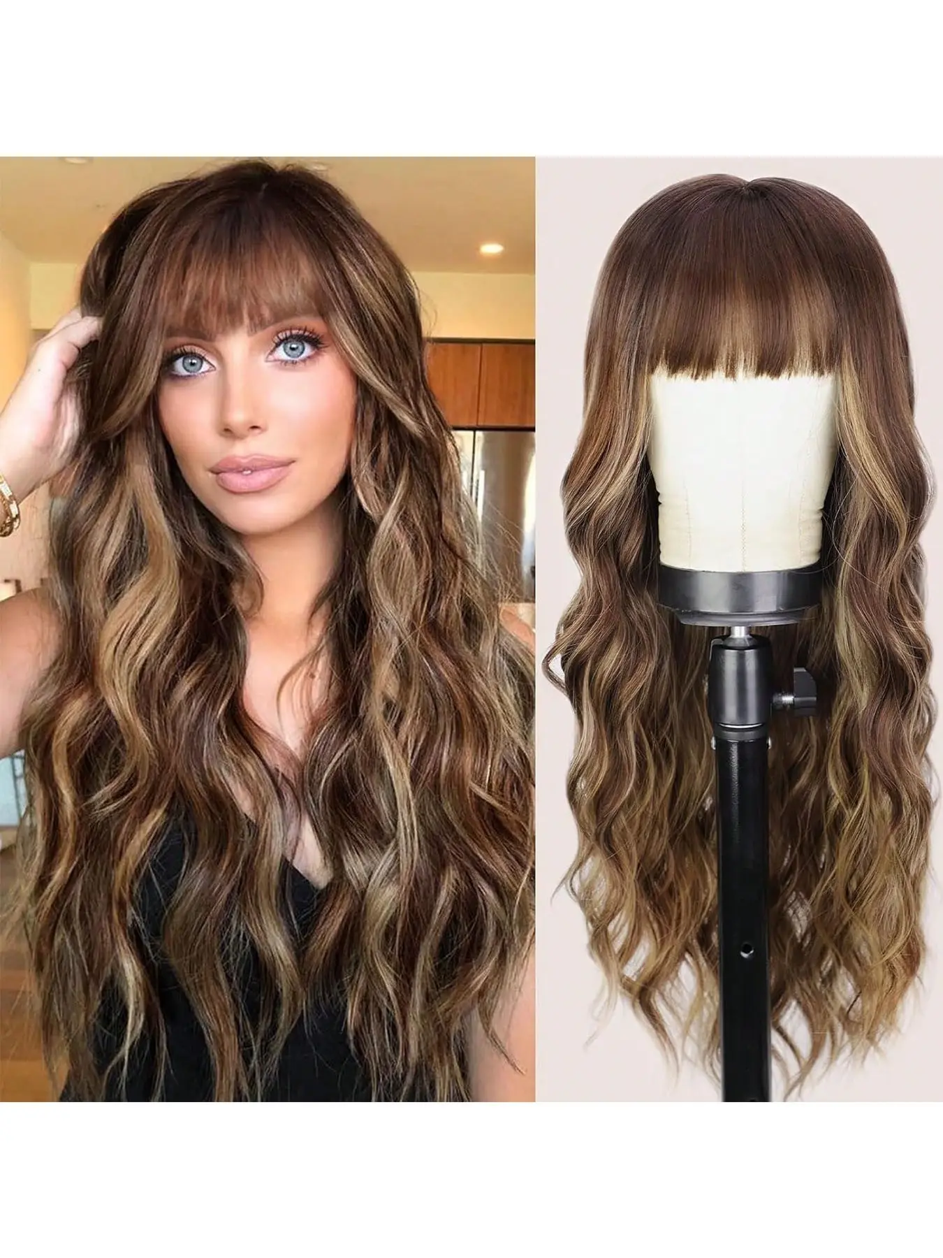 Glueless Synthetic Wig With Bangs Body Wave Wear And Go Light Brown Highlights Bangs Wig 4/27 Honey Blonde Brown Colored None Lace Front Wig Ombre Highlight Wigs For Women Glueless Wavy Wig 28 inch