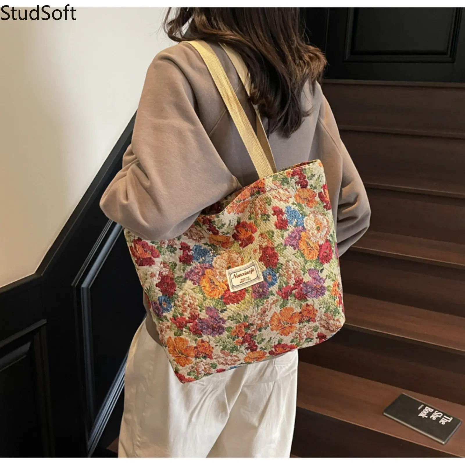 Vintage Tote Bag Floral Jacquard Shoulder Purse Tapestry Knit Handbag Large Capacity Cotton Strap Hobo Bag Women School Travel, Shoulder Strap, Zipper, Tote Bags, Bags For Women