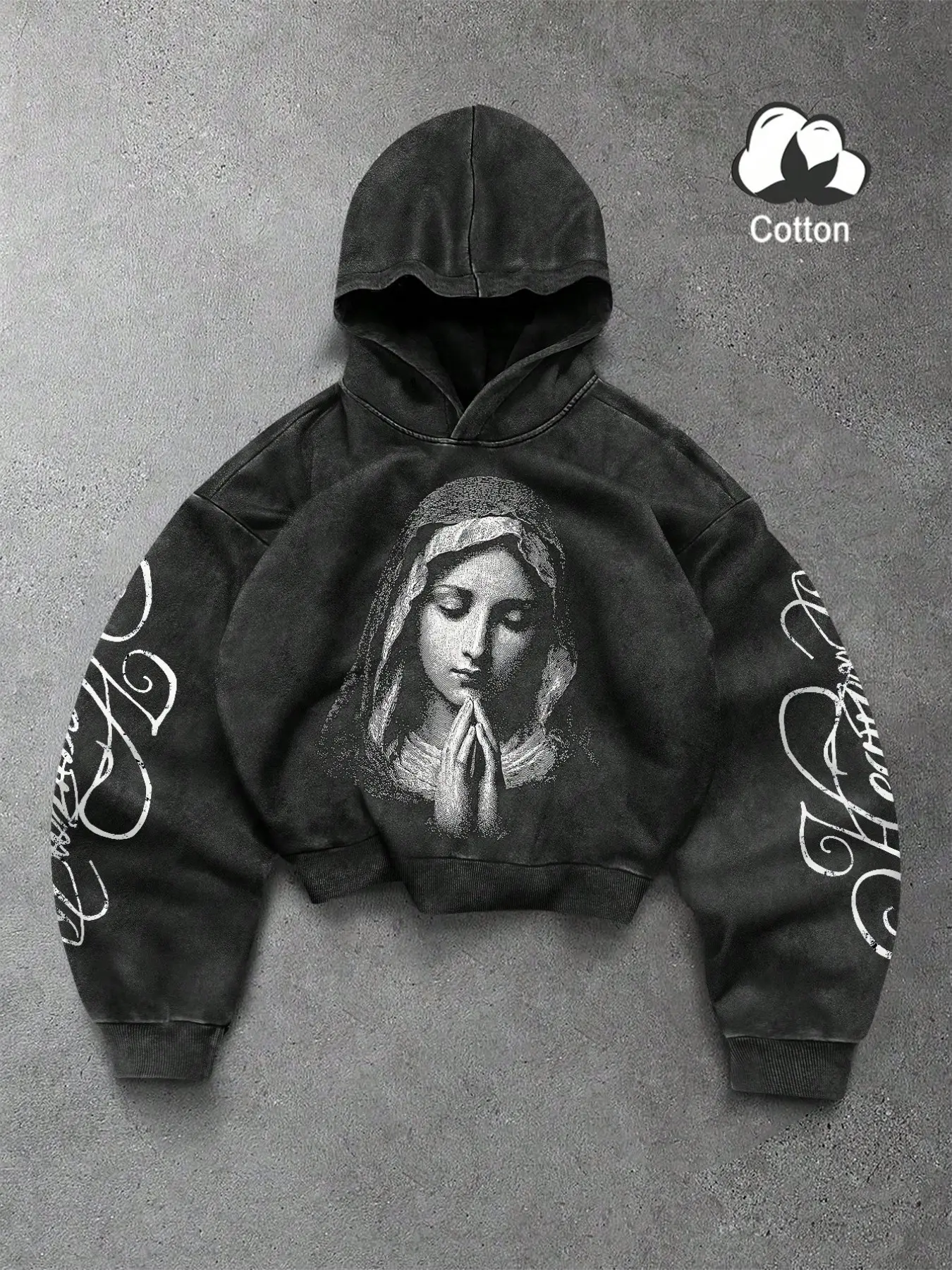 Men's hooded sweatshirt, featuring a washed, distressed finish and durable cotton fabric. It showcases a religious-themed Virgin Mary print and is designed as a lightweight, non-fleece, Long sleeve style, perfect for transitional weather.