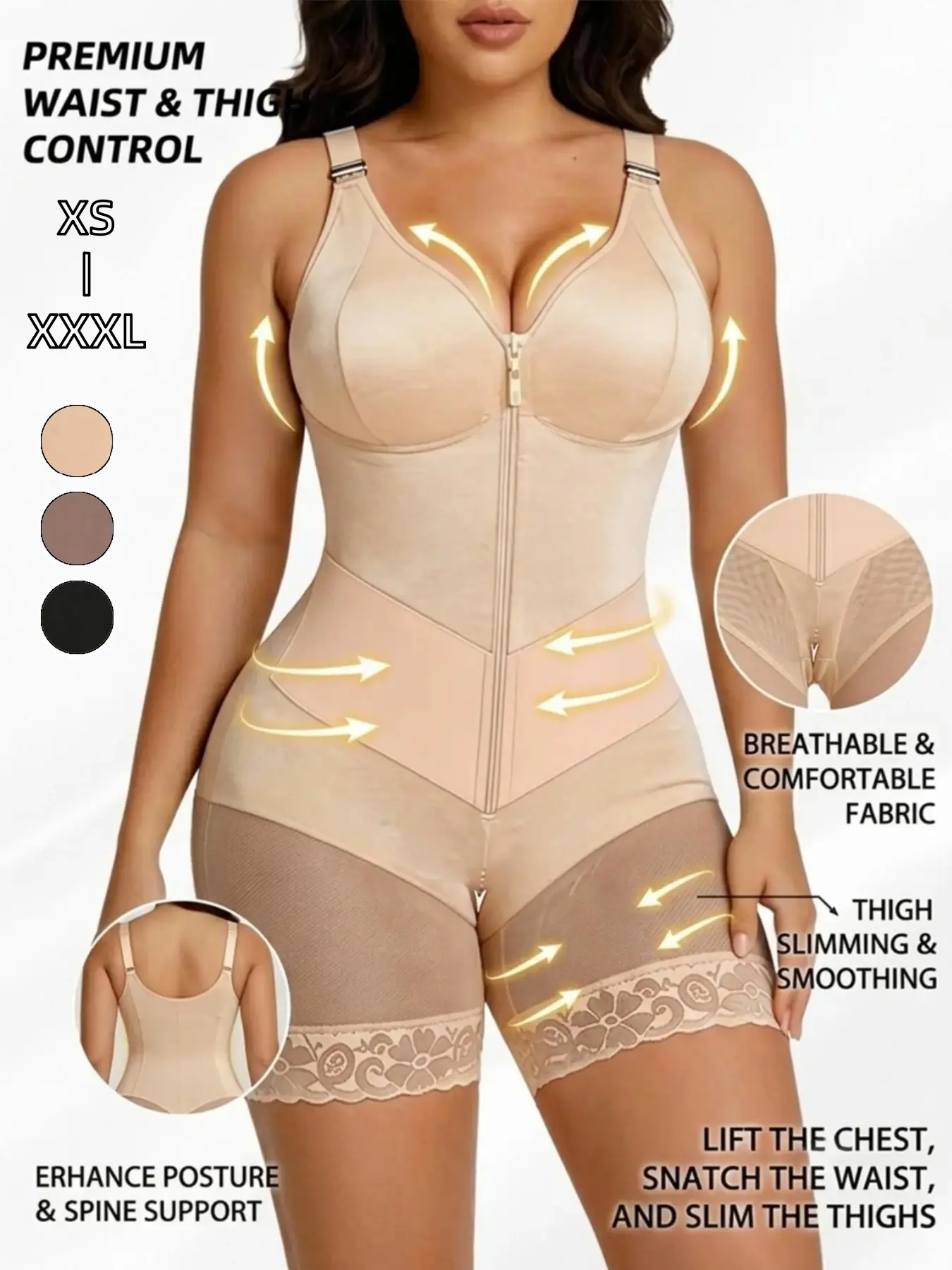 Colombian Faja Moldeadora Thong Bodysuit Seamless Smooth Cutout Open Back , Deep V Neck Zipper Front Lace Hem Anti Slip Strip Strong Tummy Control Waist Thigh Shaper, Butt Lifter Postpartum Sexy Lenceria Sexi Mujer Hot Fajas