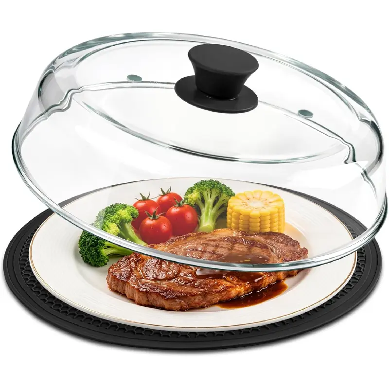 10 in Glass Microwave Food Splatter Cover Set with Silicone Mat - Heat-Resistant Kitchen Guard Lid for Round Plates, Steady Plate Grip, Vent Holes, Easy-Grip Handle, BPA-Free, Dishwasher-Safe