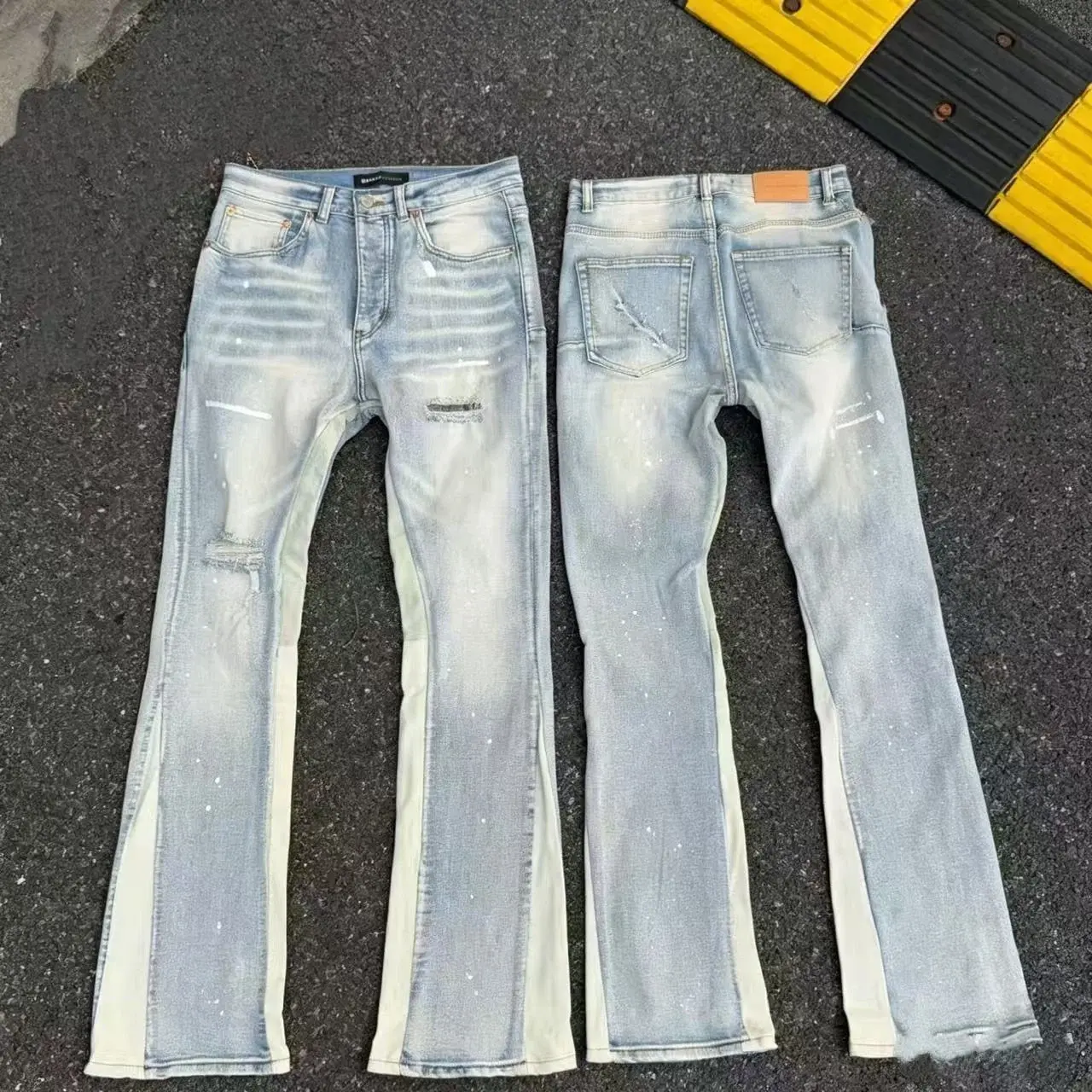 Men's High Cotton Vintage Light Wash Stacked Flare Jeans, Two Tone Contrast Side Panel Ripped Knee Paint Splatter Slim Fit Bootcut Denim Pants for Hip Hop Streetwear Casual Wear