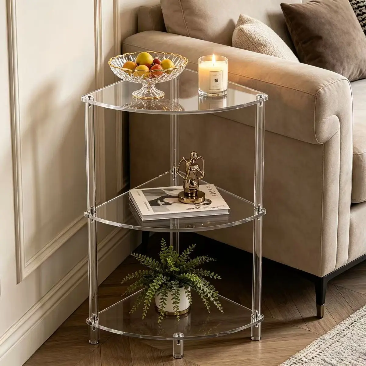 Transparent Acrylic Triangle Floor Corner Bracket, 11.8 Inch Modern Home Side Table, 3-Tier Small Angle Desk for Living Room, Bedroom, Bathroom