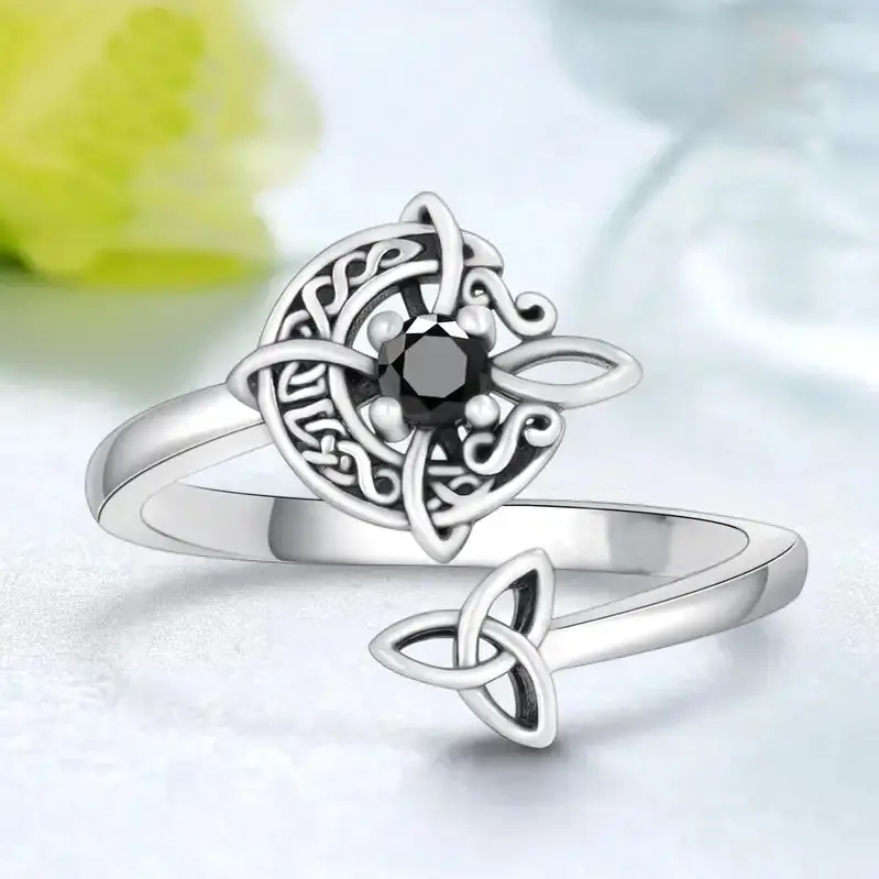 Witchcraft Rings for Women, Celestial Moon & Witch Knot Statement Ring with Black Diamond Accents, Goth Mystic Adjustable Size Jewelry
